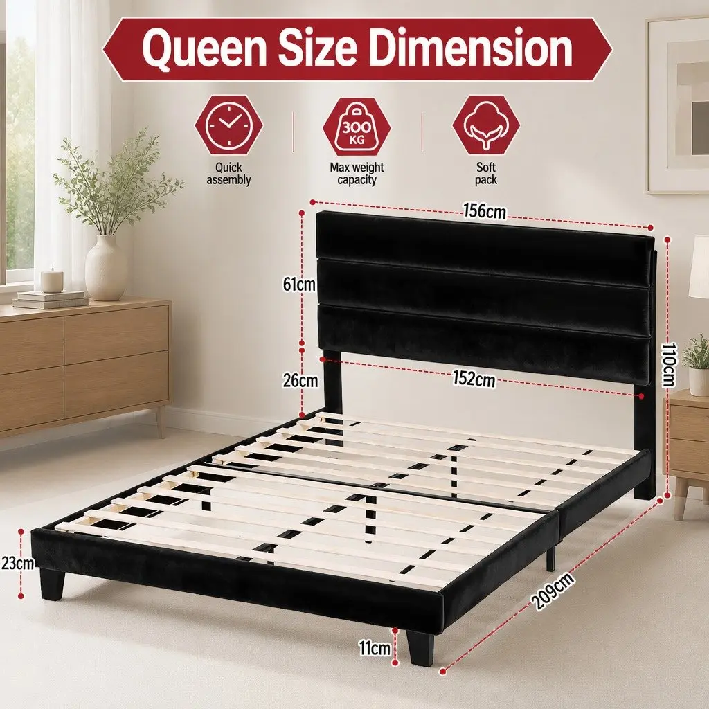 Queen Bed Frame Upholstered Platform Base Geometric Headboard Black Velvet