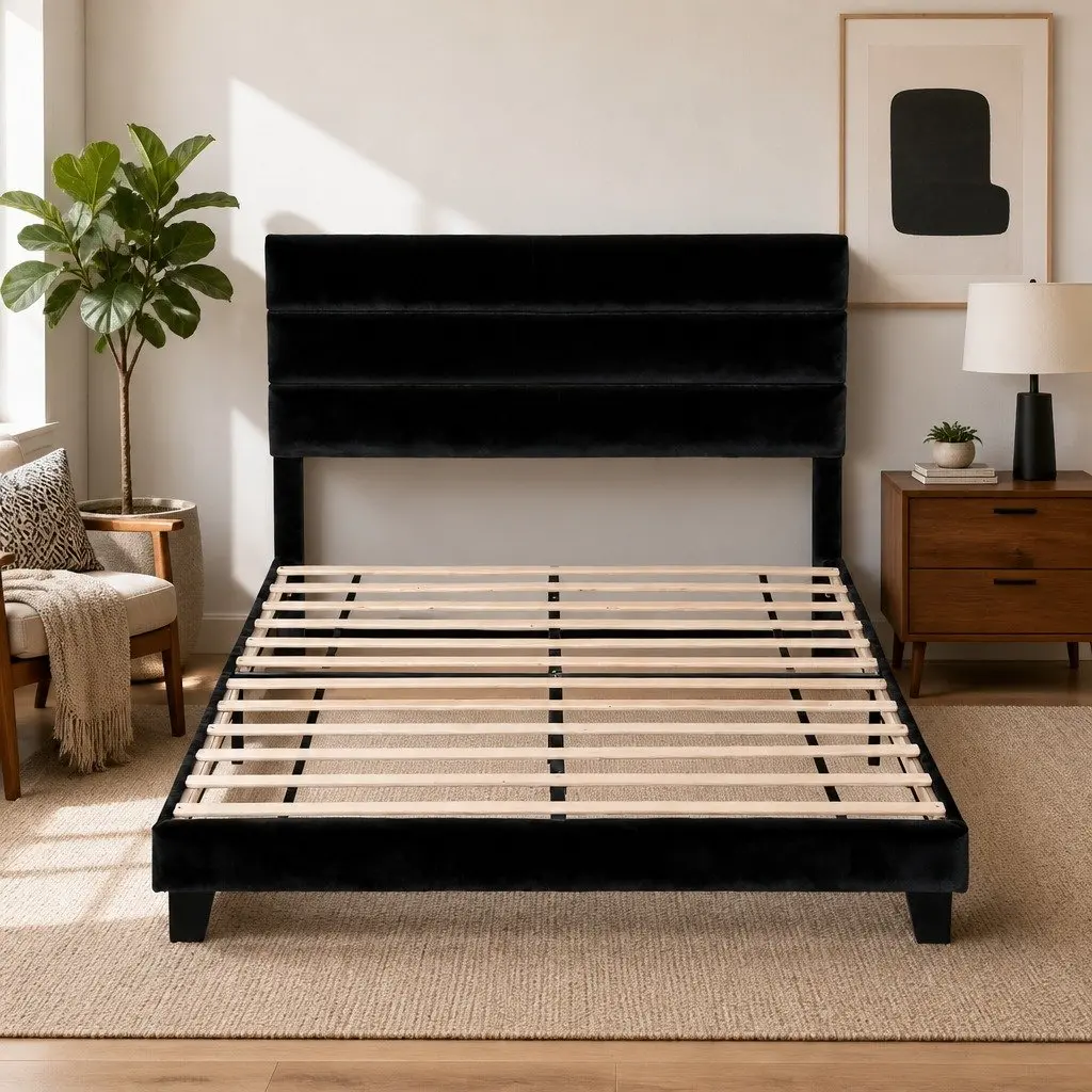 Queen Bed Frame Upholstered Platform Base Geometric Headboard Black Velvet