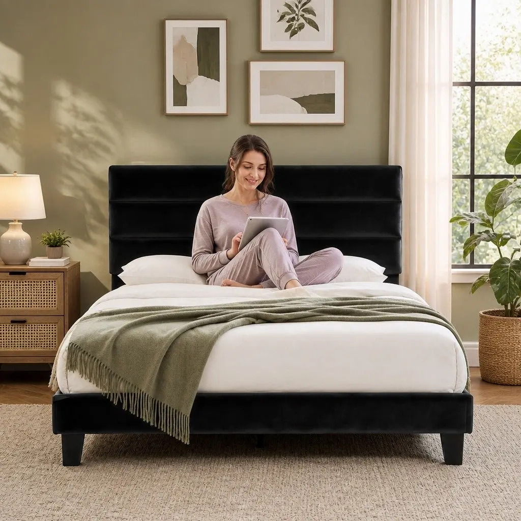 Queen Bed Frame Upholstered Platform Base Geometric Headboard Black Velvet