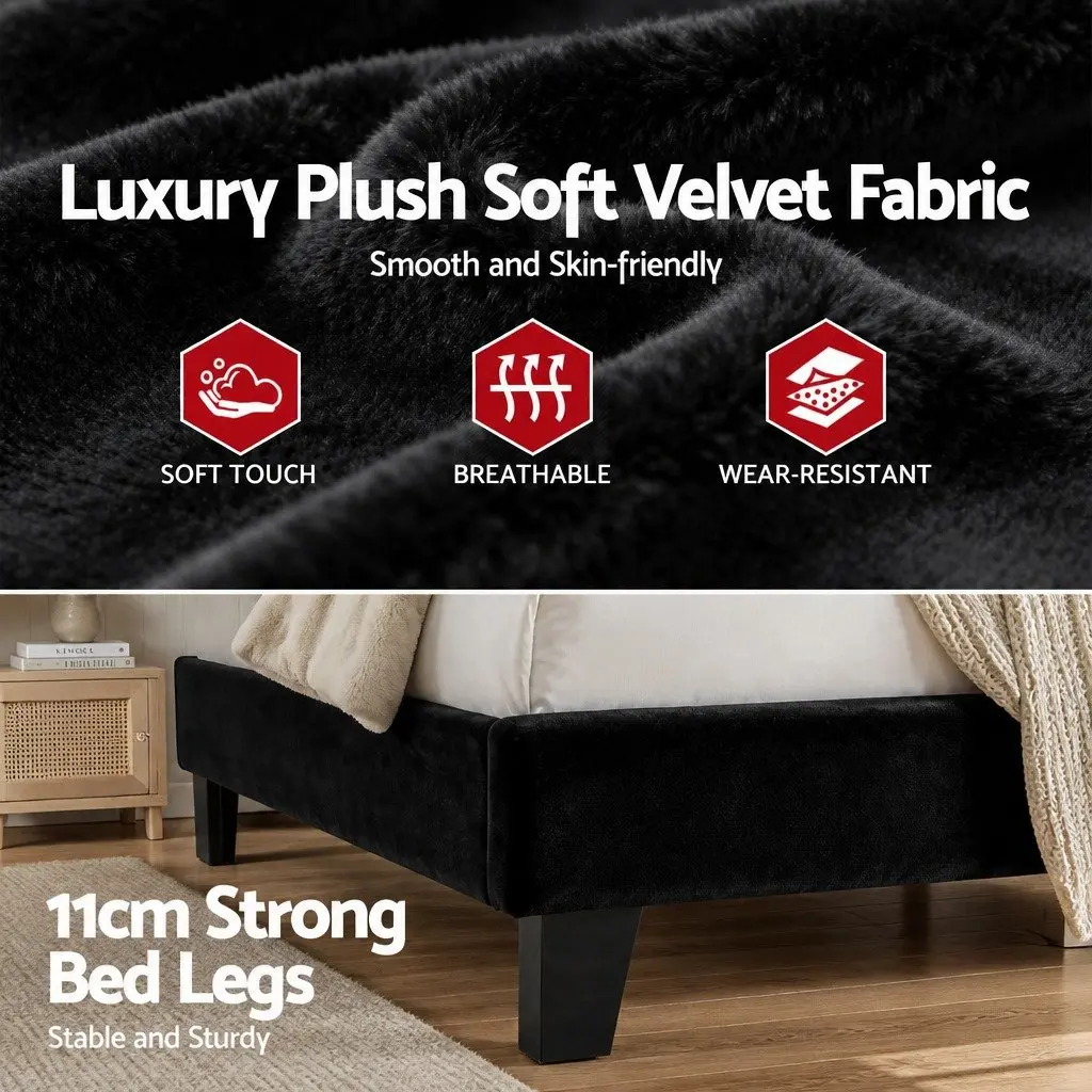 Queen Bed Frame Upholstered Platform Base Geometric Headboard Black Velvet