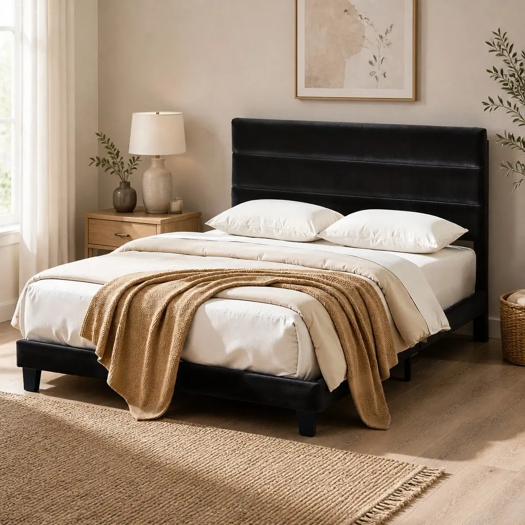 Queen Bed Frame Upholstered Platform Base Geometric Headboard Black Velvet