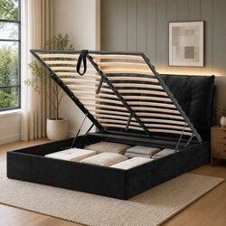 Queen Bed Frame with Horizontal Gas Lift Storage LED Light USB Charging Station