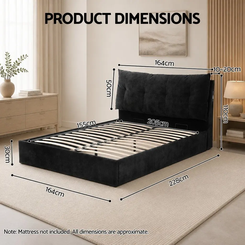 Queen Bed Frame with Horizontal Gas Lift Storage LED Light USB Charging Station