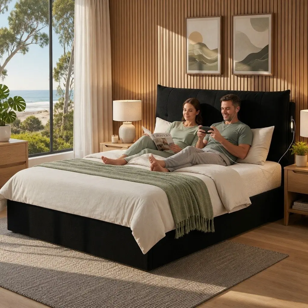 Queen Bed Frame with Horizontal Gas Lift Storage LED Light USB Charging Station