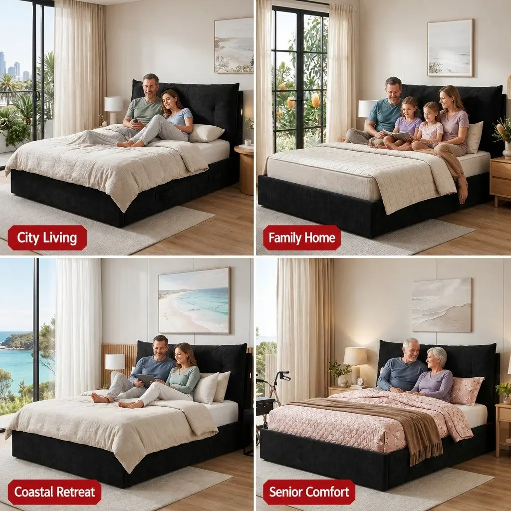 Queen Bed Frame with Horizontal Gas Lift Storage LED Light USB Charging Station