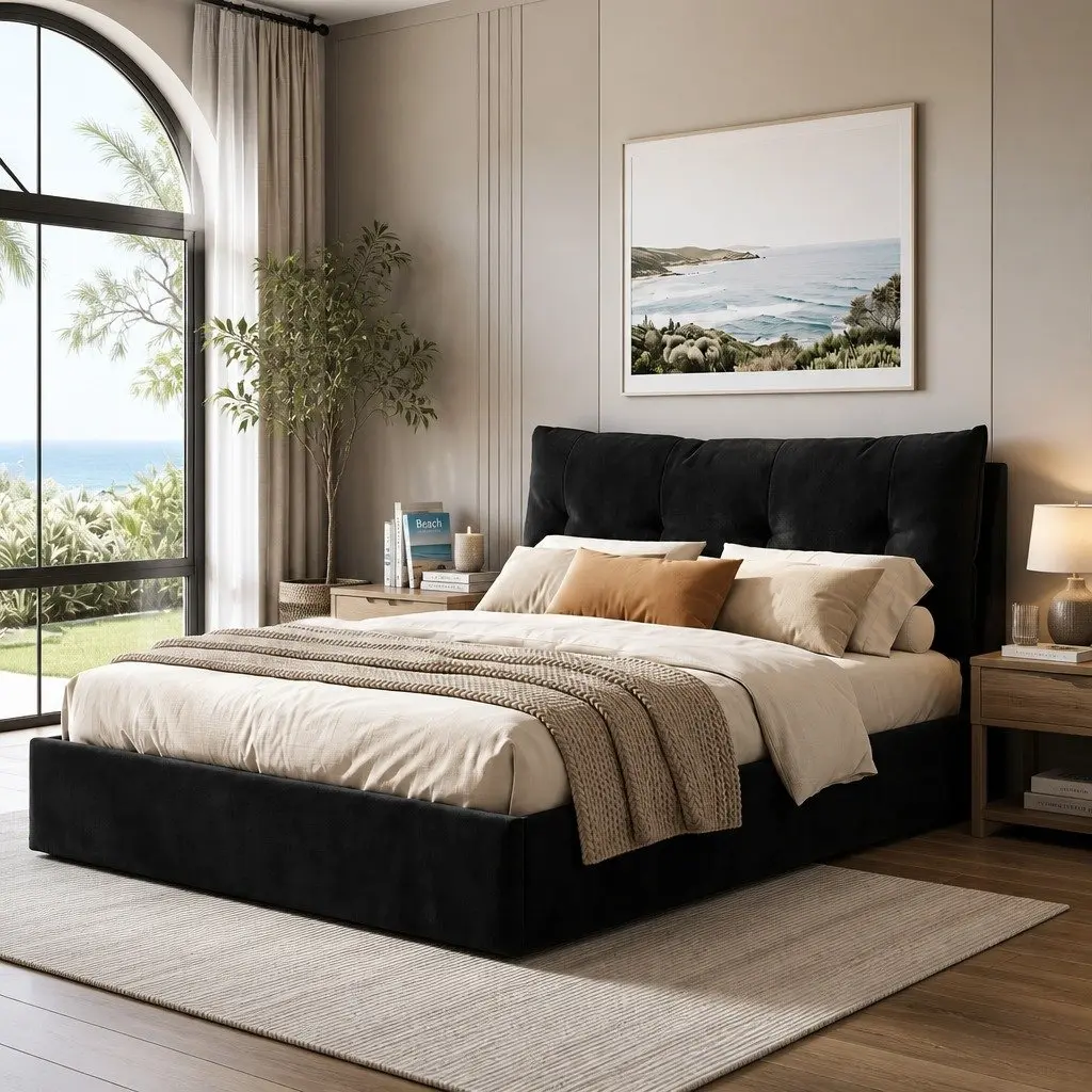 Queen Bed Frame with Horizontal Gas Lift Storage LED Light USB Charging Station