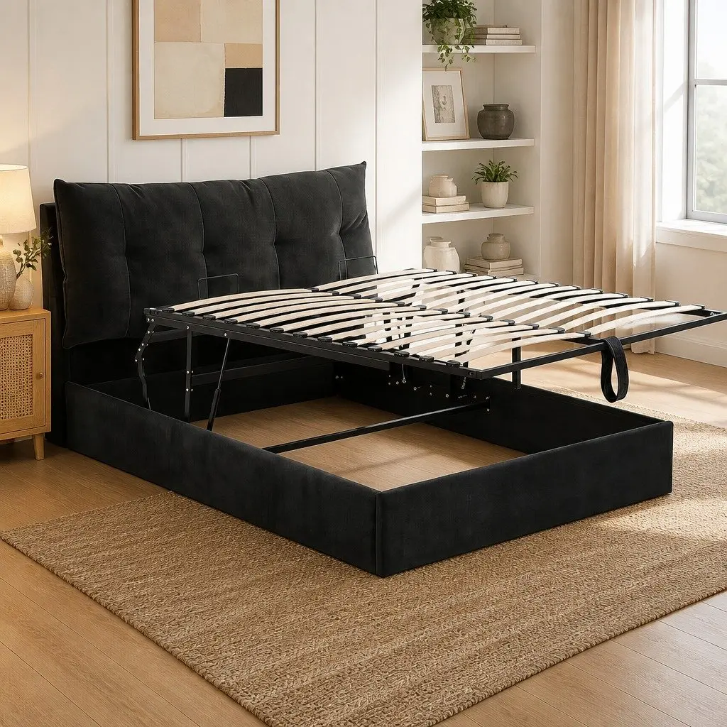 Queen Bed Frame with Horizontal Gas Lift Storage LED Light USB Charging Station