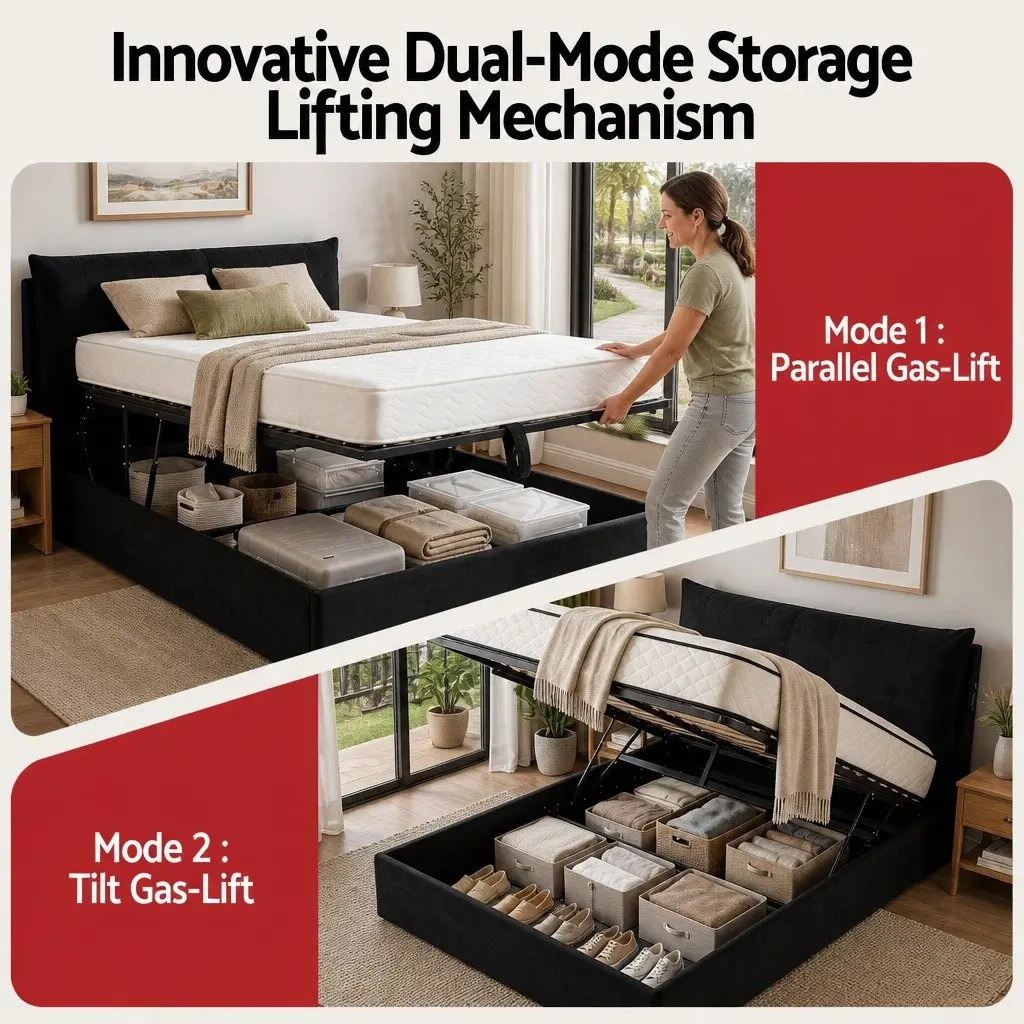 Queen Bed Frame with Horizontal Gas Lift Storage LED Light USB Charging Station