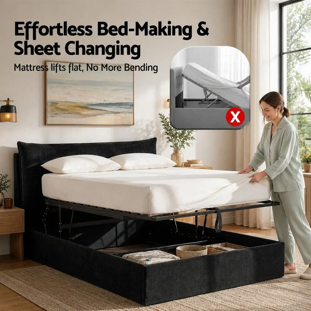 Queen Bed Frame with Horizontal Gas Lift Storage LED Light USB Charging Station