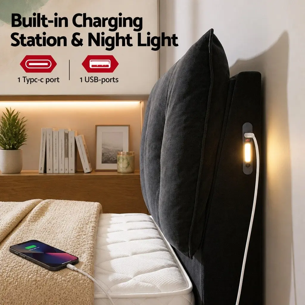 Queen Bed Frame with Horizontal Gas Lift Storage LED Light USB Charging Station