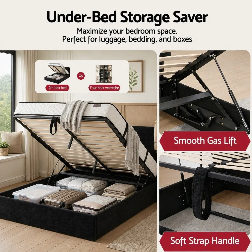 Queen Bed Frame with Horizontal Gas Lift Storage LED Light USB Charging Station