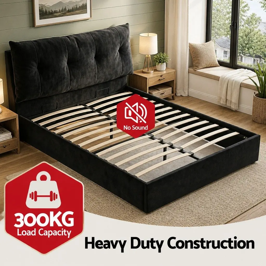 Queen Bed Frame with Horizontal Gas Lift Storage LED Light USB Charging Station