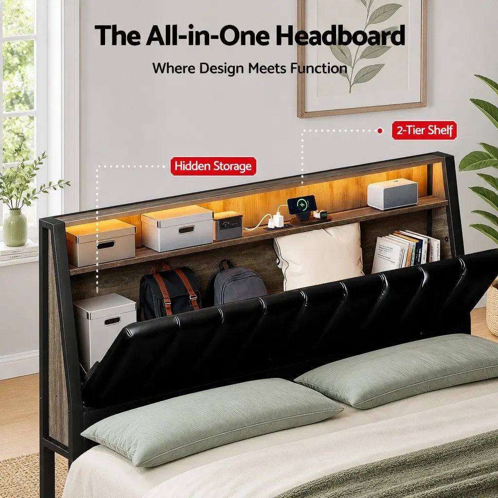 Double Bed Frame Black with Storage LED Headboard and Charging Ports 154cm