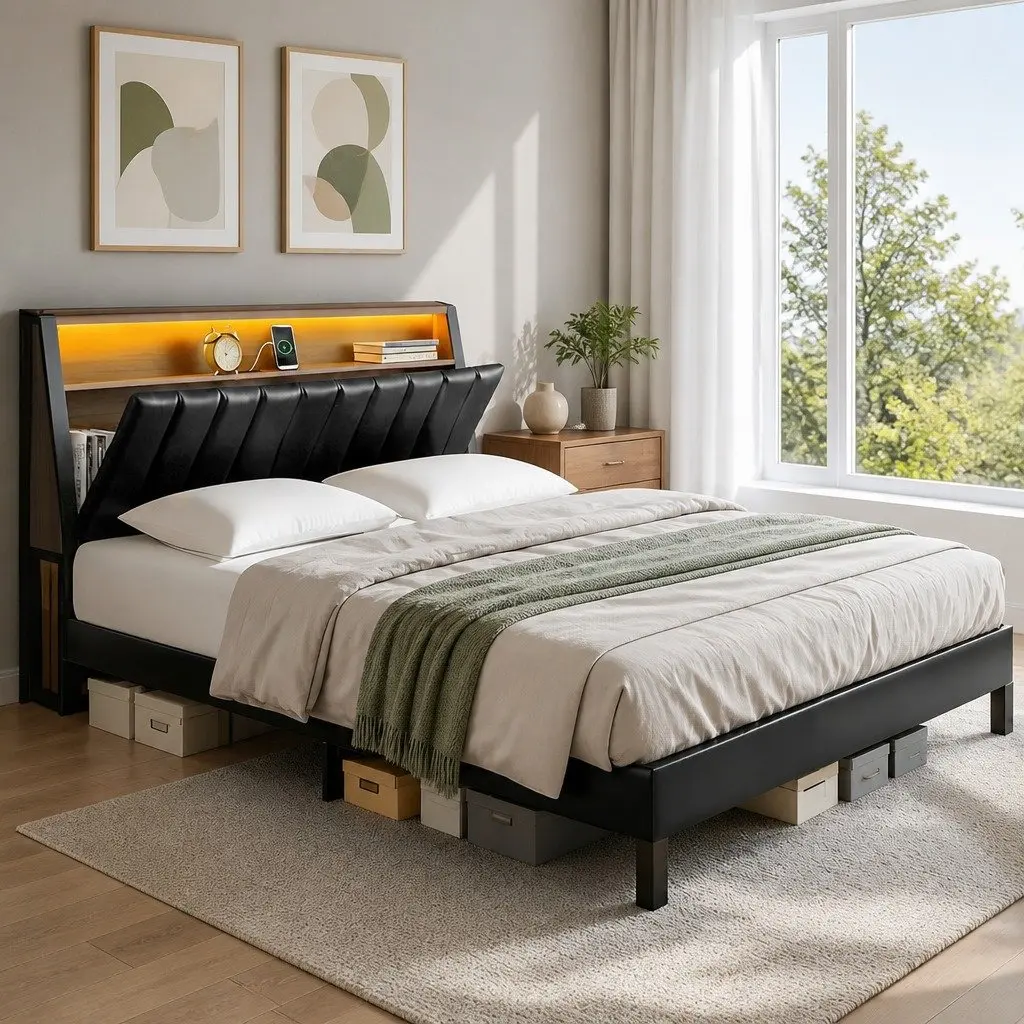 Queen Bed Frame Black LED Headboard Storage Charging Ports