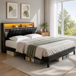 Queen Bed Frame with LED Headboard Storage Charging Ports Black Bedroom
