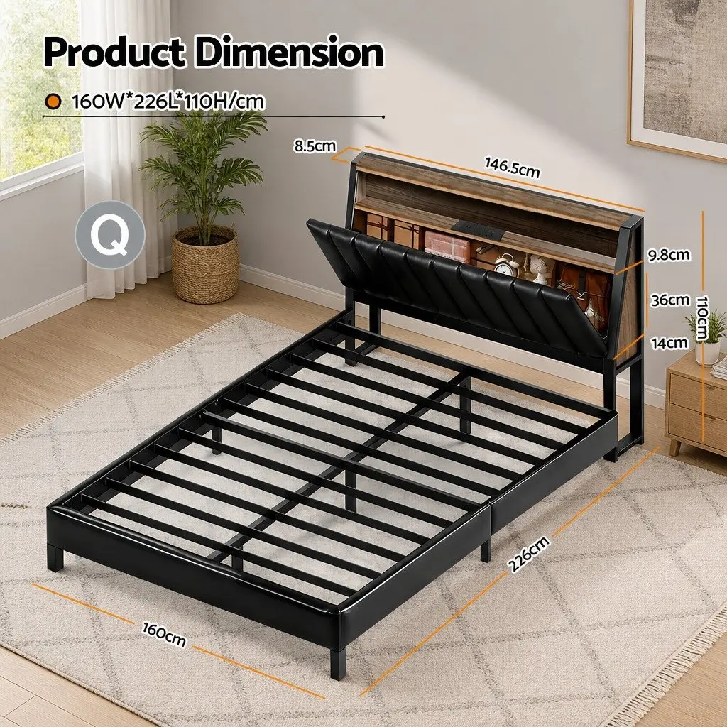 Queen Bed Frame Black LED Headboard Storage Charging Ports