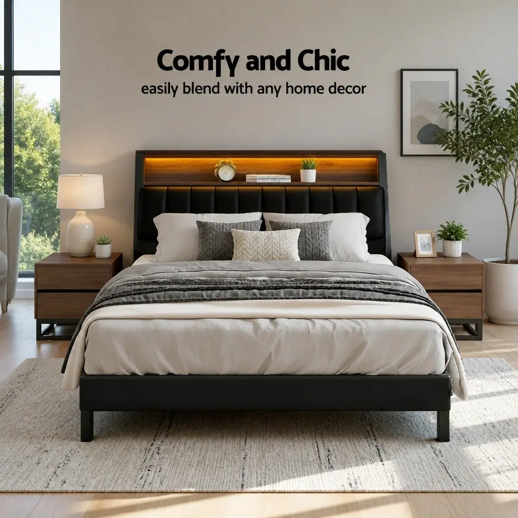 Queen Bed Frame Black LED Headboard Storage Charging Ports