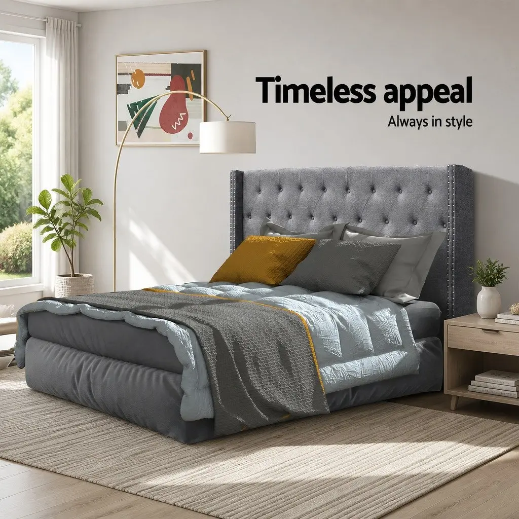 King Size Bed Headboard Grey Fabric Winged Upholstered Button Tufted Bedroom