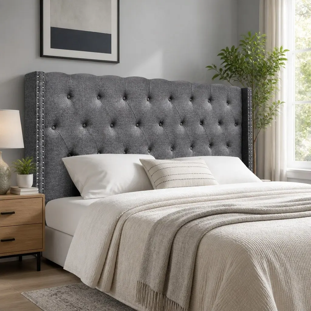 King Size Bed Headboard Grey Fabric Winged Upholstered Button Tufted Bedroom
