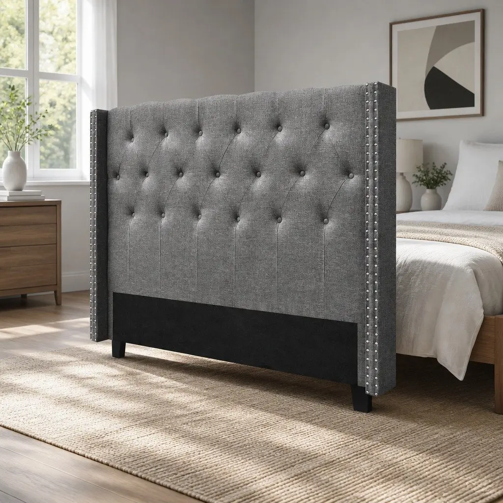 Winged Grey Upholstered Headboard for Queens