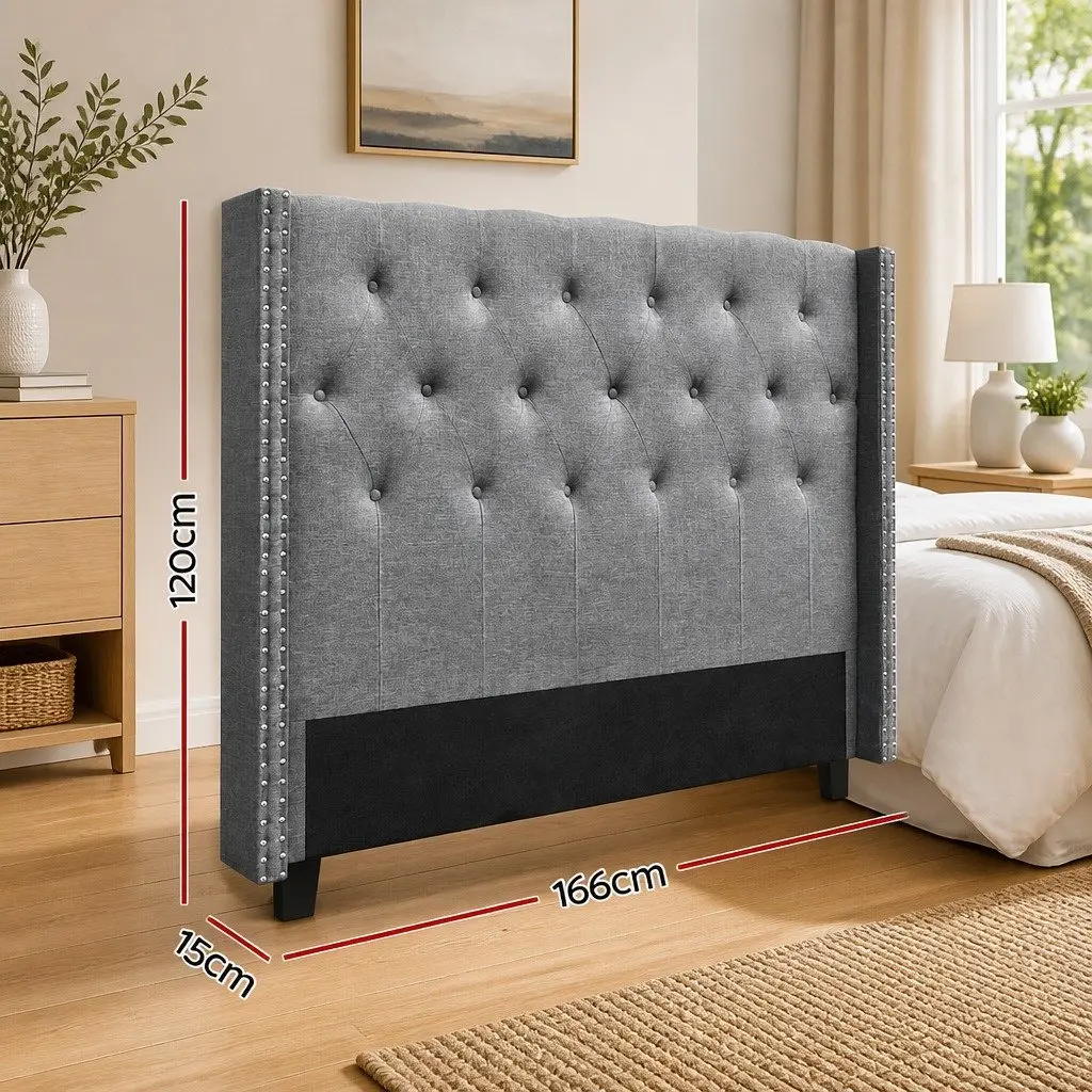 Queen Size Bed Head Headboard Winged Upholstered Tufted Fabric Grey