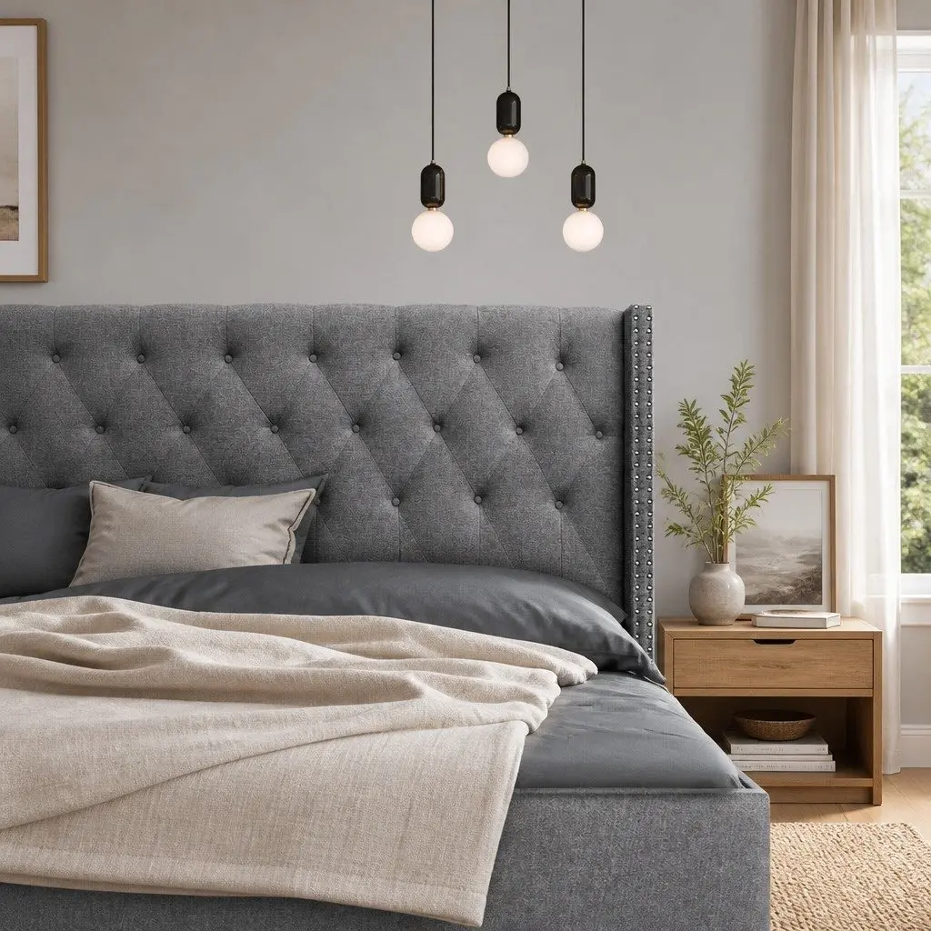 Queen Size Bed Head Headboard Winged Upholstered Tufted Fabric Grey