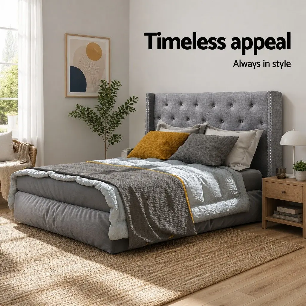 Queen Size Bed Head Headboard Winged Upholstered Tufted Fabric Grey