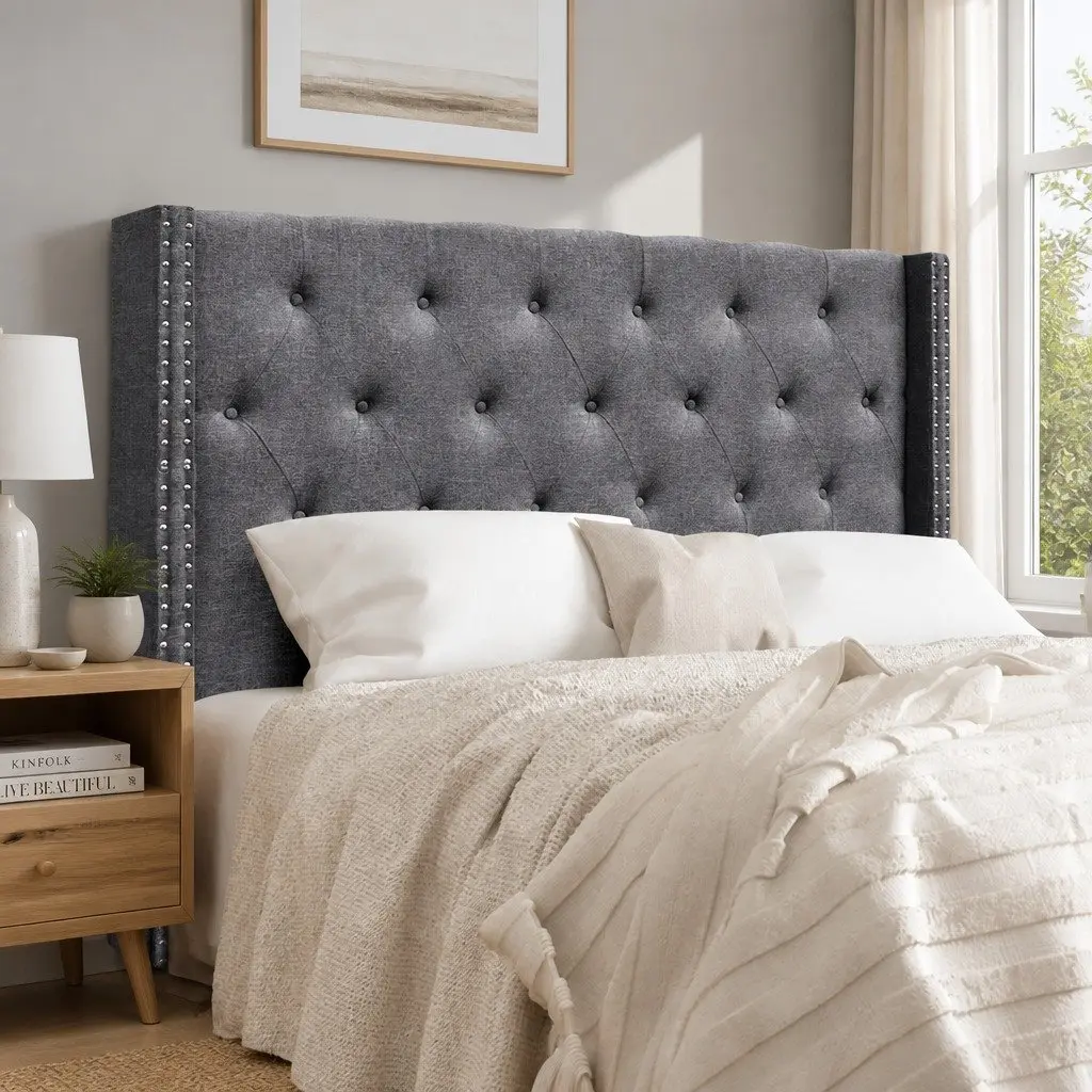 Queen Size Bed Head Headboard Winged Upholstered Tufted Fabric Grey
