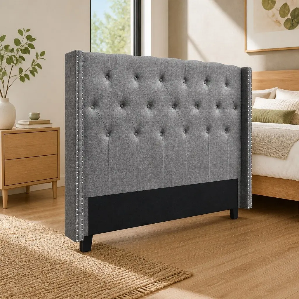 Queen Size Bed Head Headboard Winged Upholstered Tufted Fabric Grey
