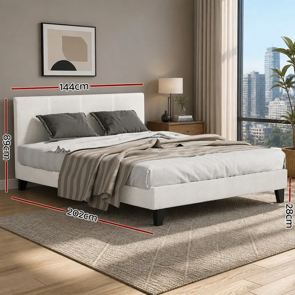 Double Bed Frame White Boucle Fabric Upholstered Wooden Slat Base Textured