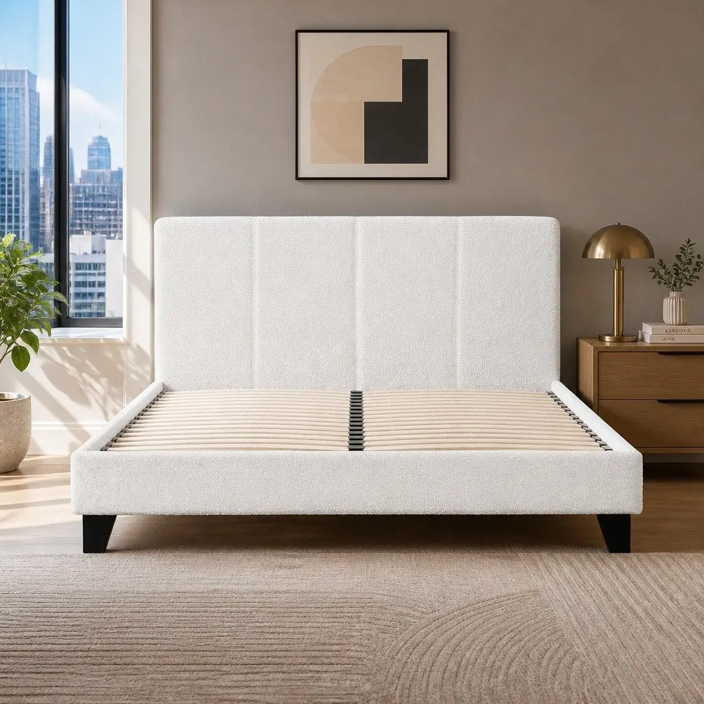 Double Bed Frame White Boucle Fabric Upholstered Wooden Slat Base Textured