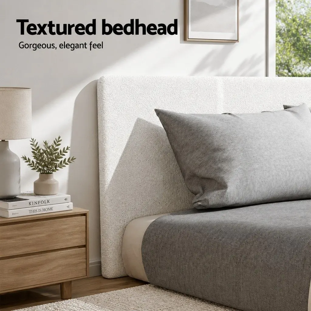 King Single Bed Frame Boucle Fabric Upholstered Headboard White Modern Bedroom