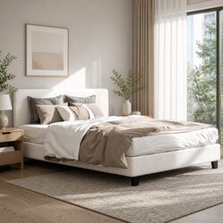 Queen Size Bed Frame Boucle Fabric Upholstered White Bedroom Furniture