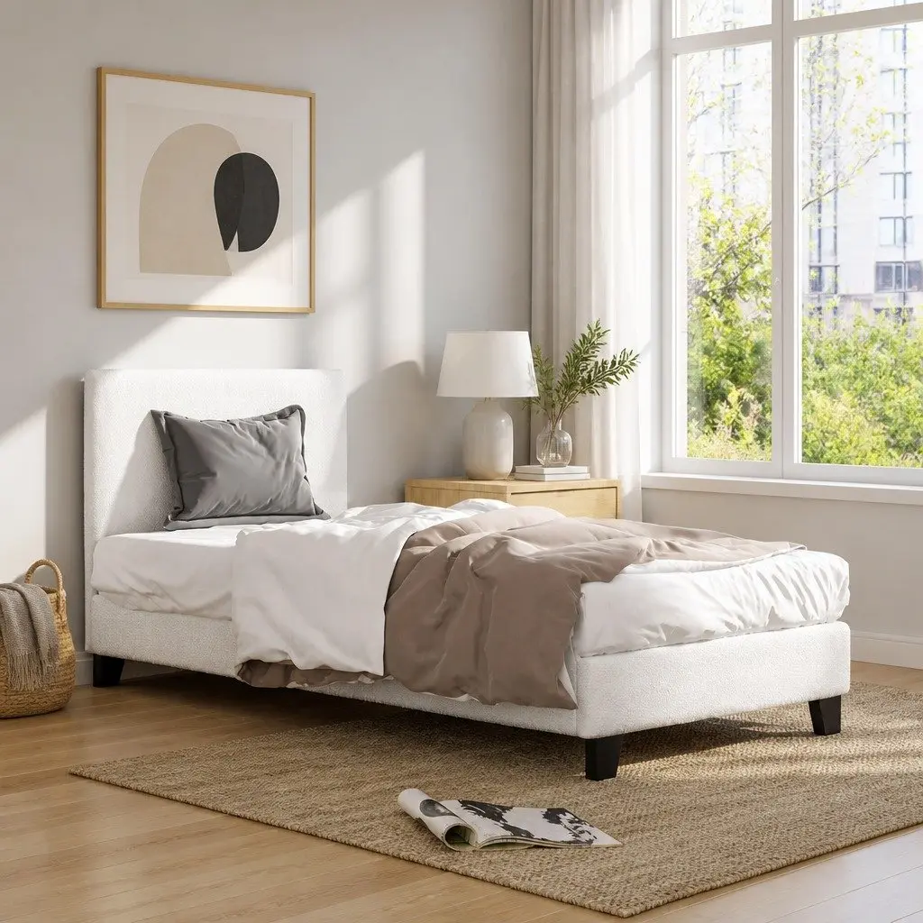 Single Bed Frame Boucle Upholstered White Wooden Slat Base High-Density Foam Padding