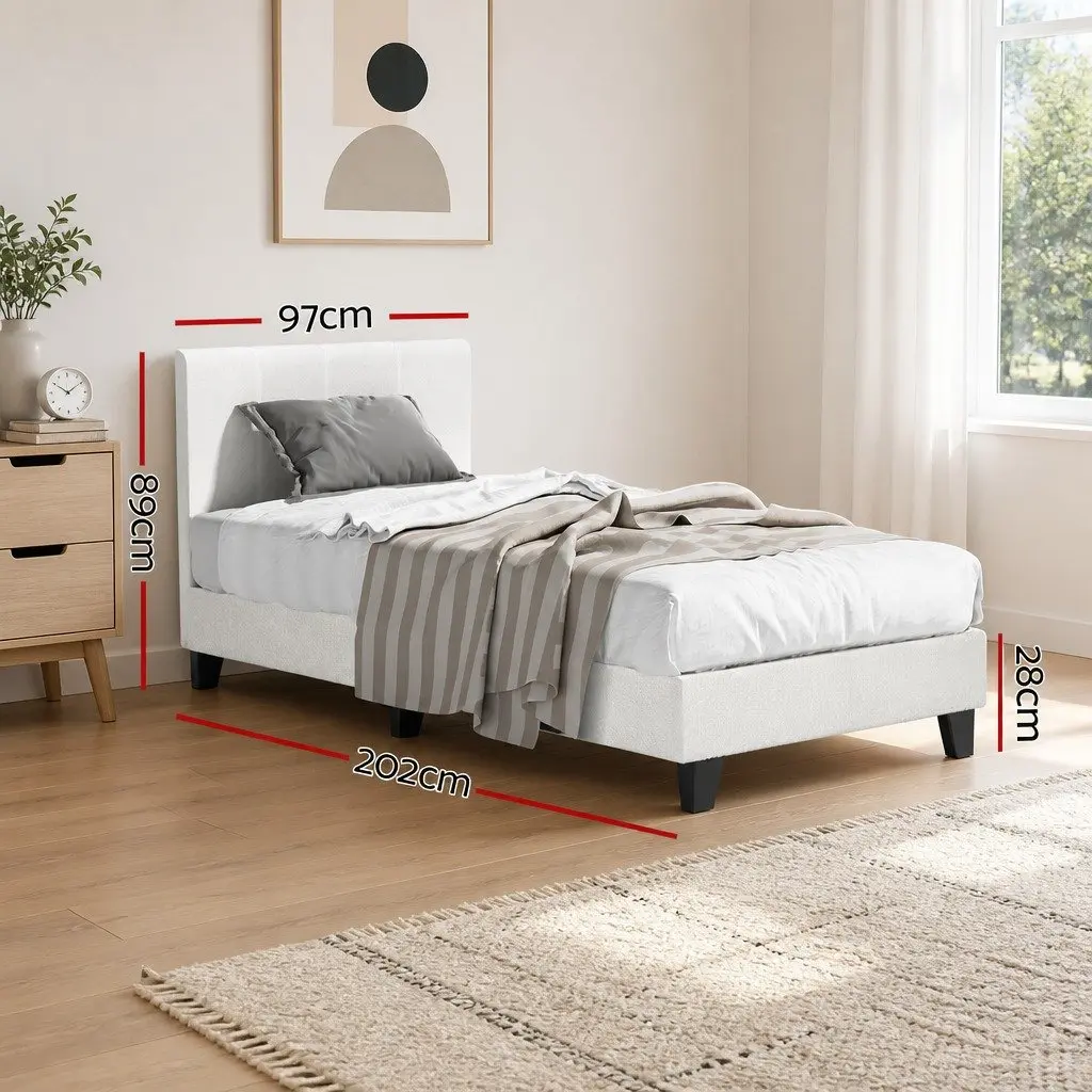 Single Bed Frame Boucle Upholstered White Wooden Slat Base High-Density Foam Padding
