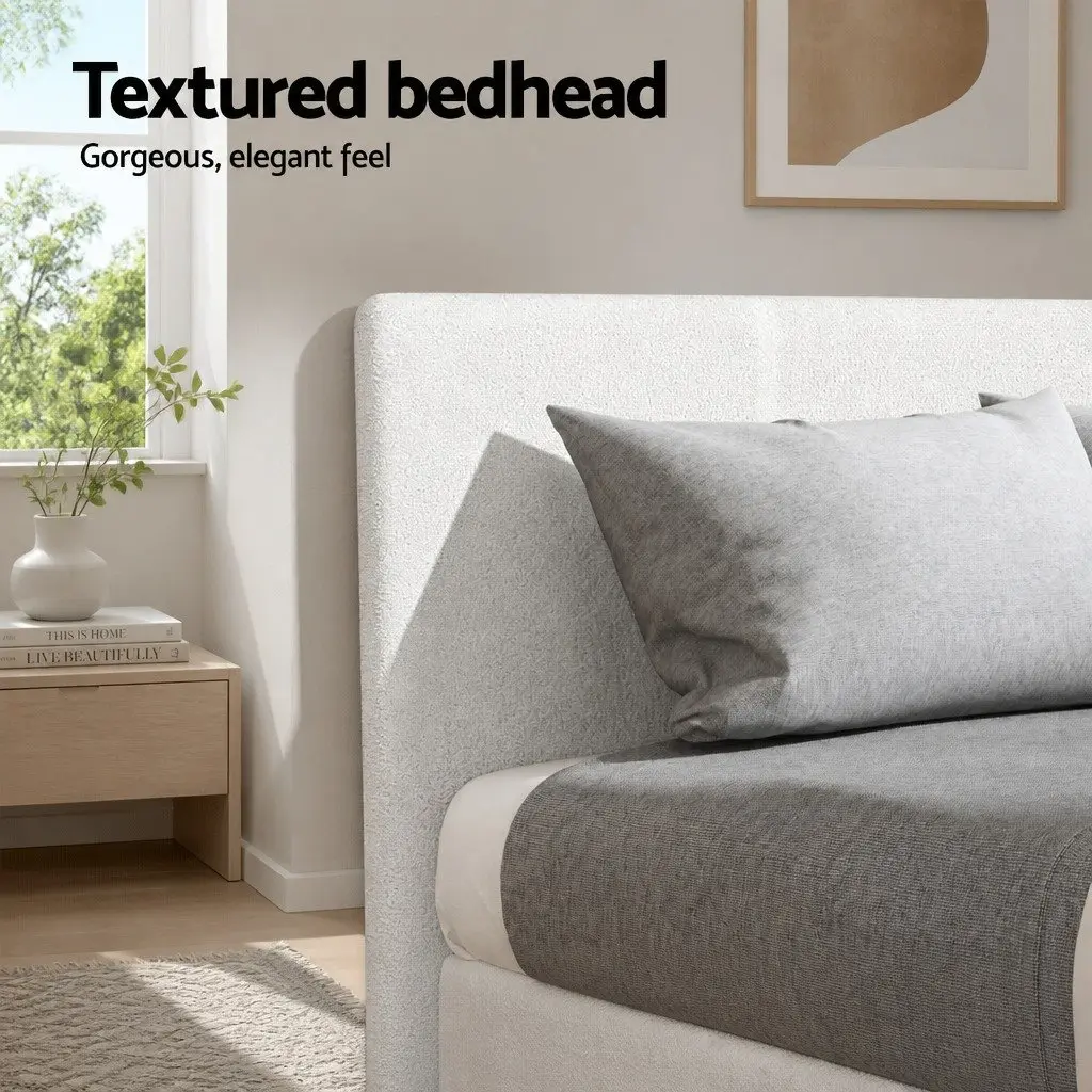 Single Bed Frame Boucle Upholstered White Wooden Slat Base High-Density Foam Padding