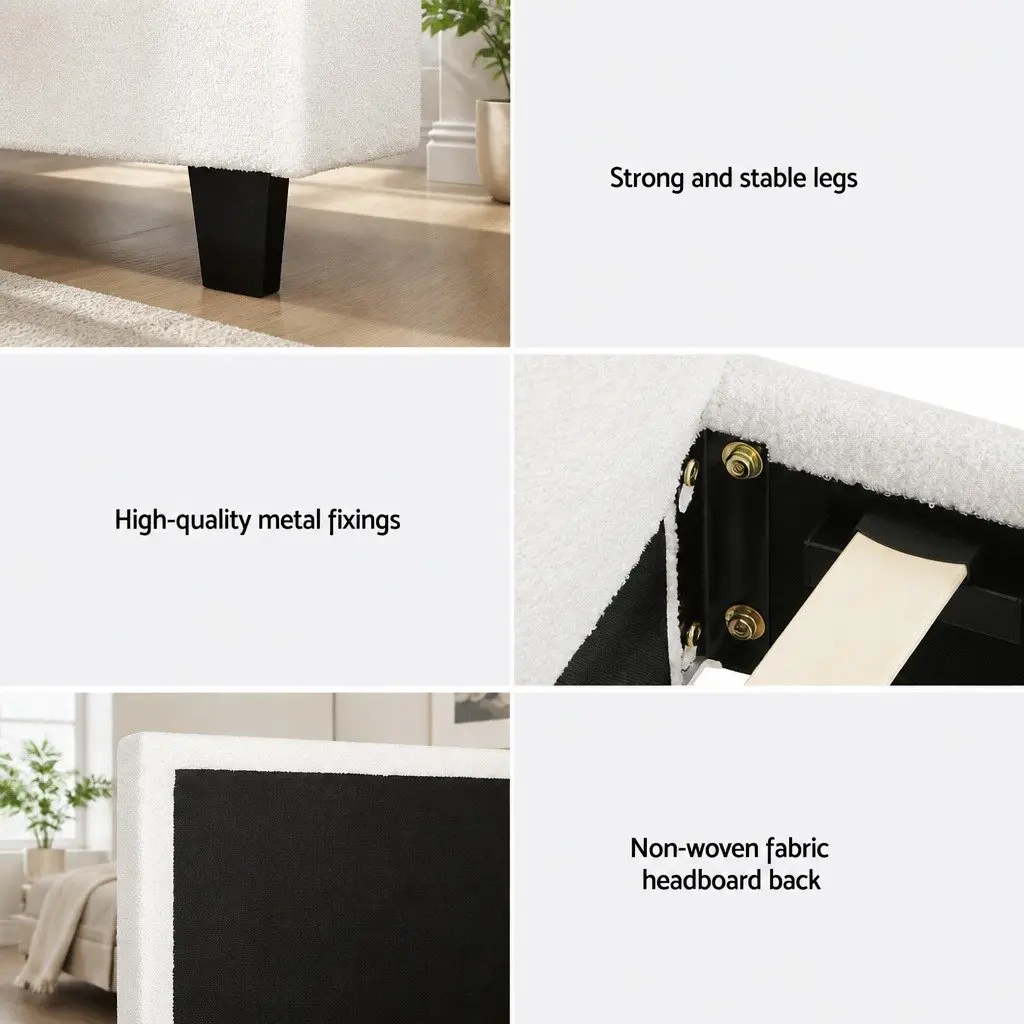 Single Bed Frame Boucle Upholstered White Wooden Slat Base High-Density Foam Padding