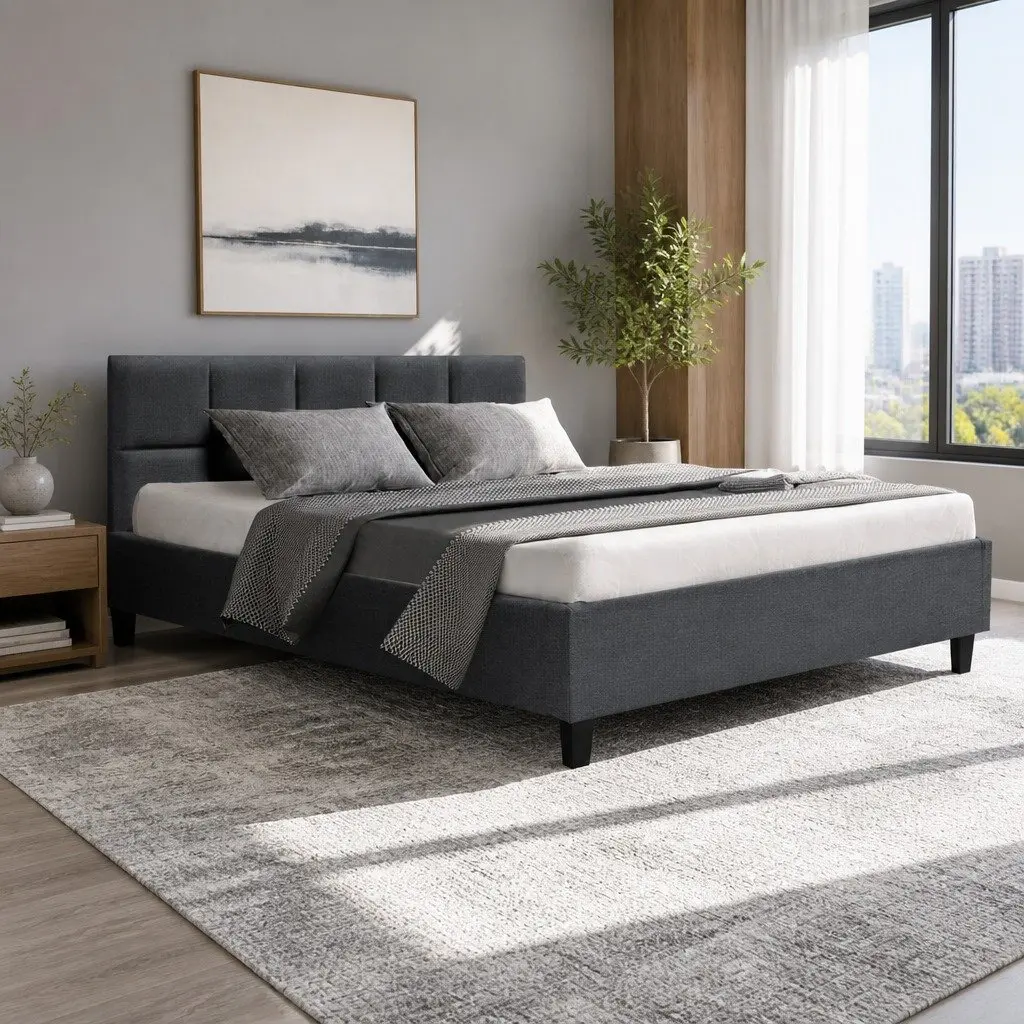 Double Bed Frame Charcoal Upholstered Double Size Solid Wood Support with Plywood Slats