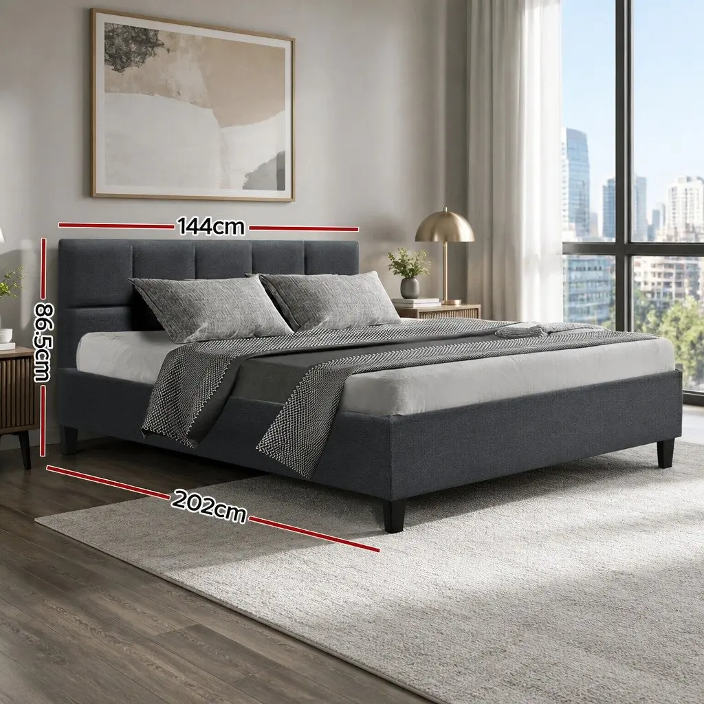 Double Bed Frame Charcoal Upholstered Double Size Solid Wood Support with Plywood Slats