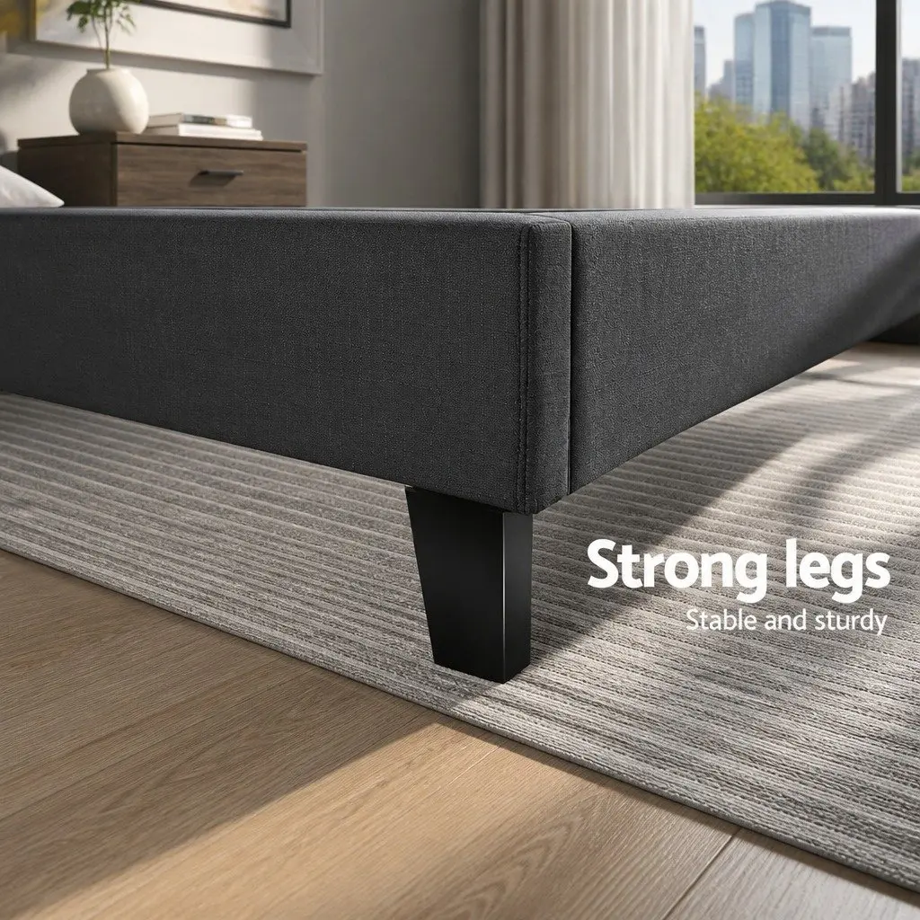Double Bed Frame Charcoal Upholstered Double Size Solid Wood Support with Plywood Slats