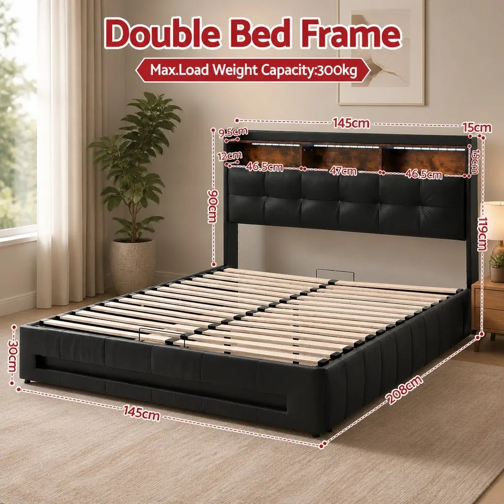 Double Bed Frame Black 145W x 208L cm Gas Lift Storage LED Lights Charging Station Headboard