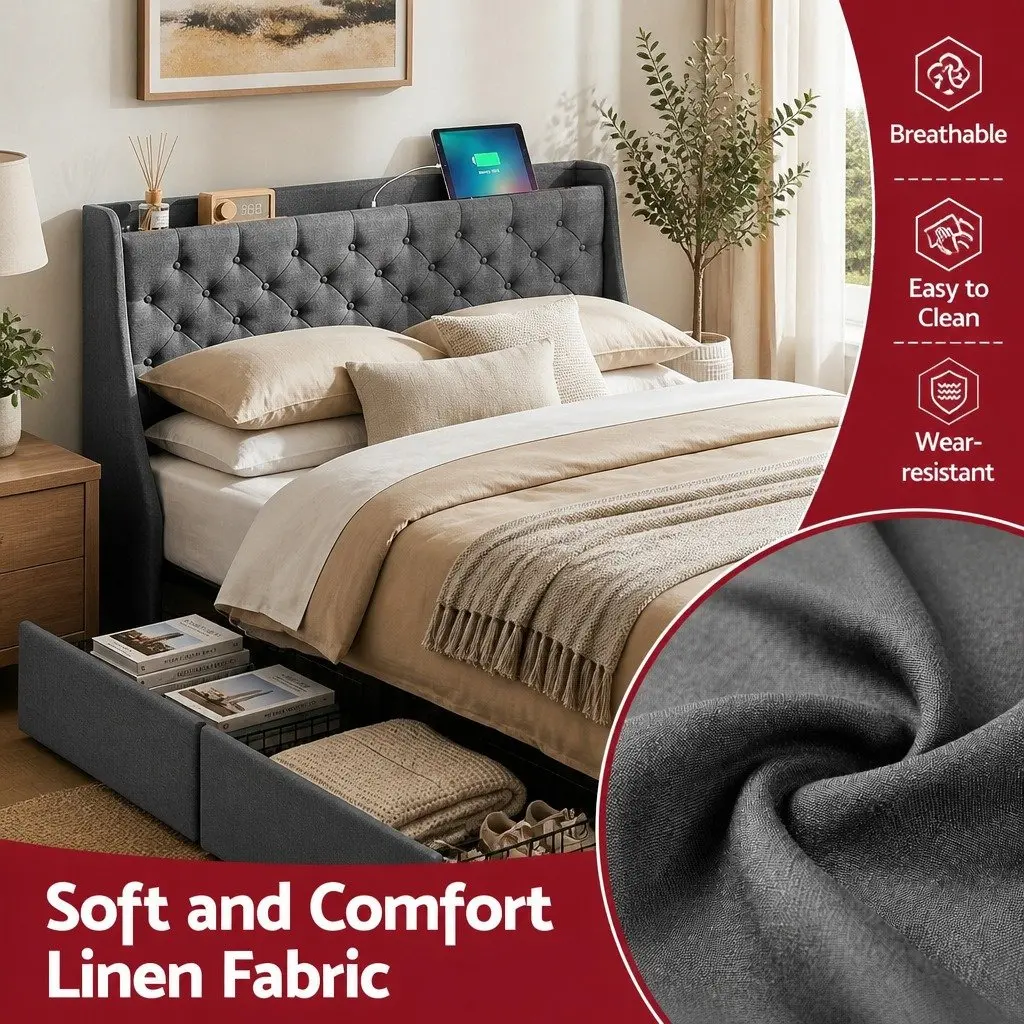 Double Bed Frame with 4 Storage Drawers Tufted Wingback Headboard Charging