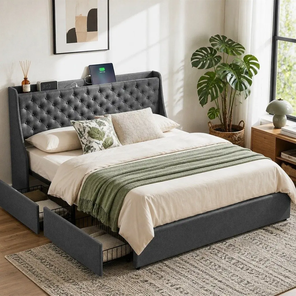 King Bed Frame with Storage and USB Charger