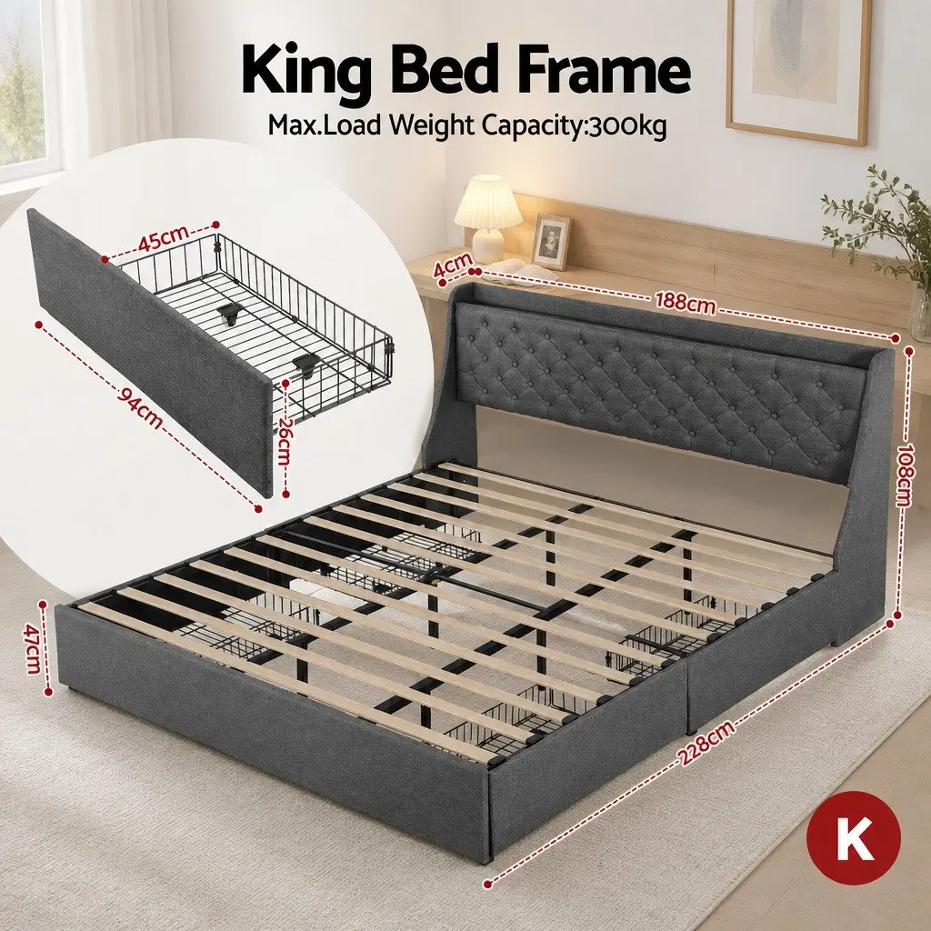 King Bed Frame with Storage and USB Charger