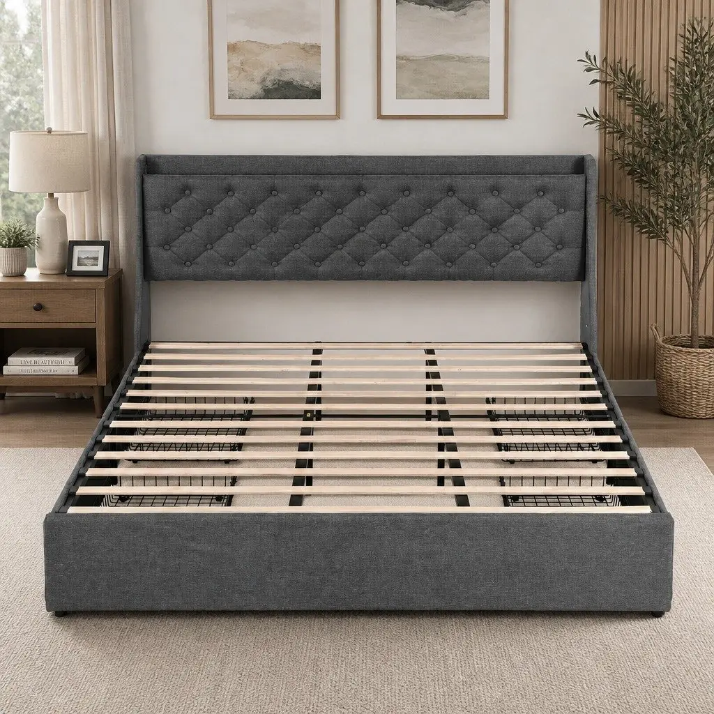 King Bed Frame with Storage and USB Charger