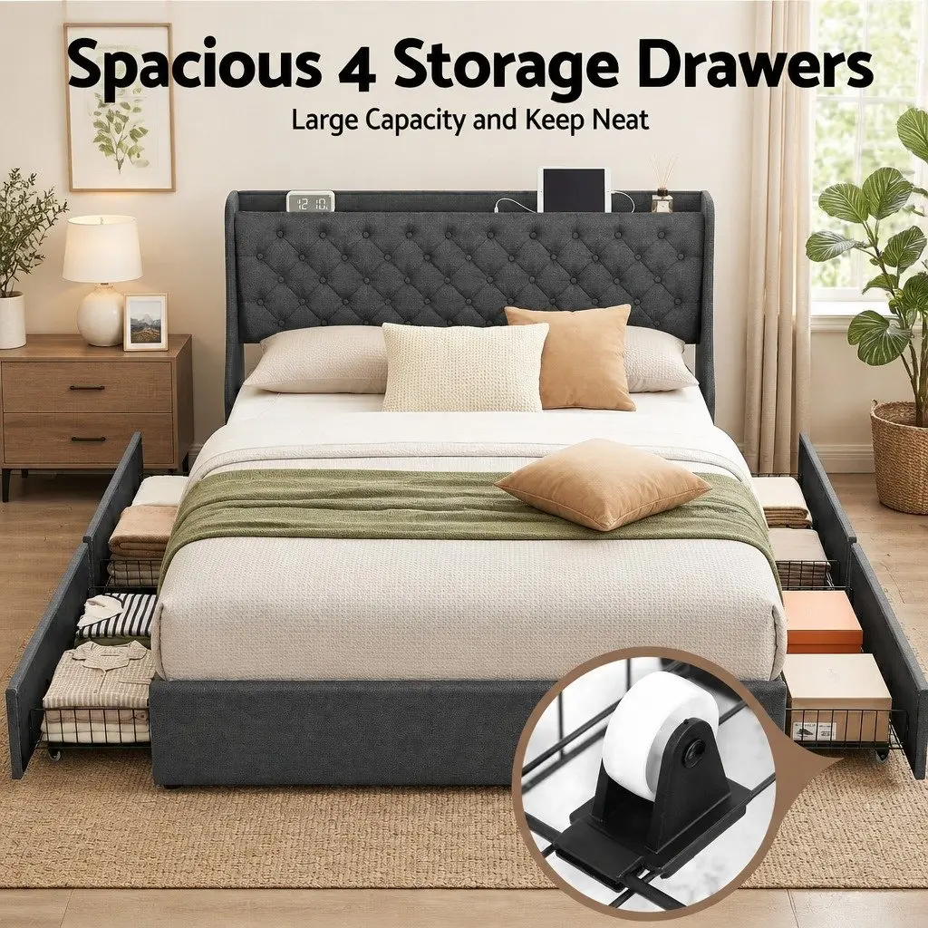 King Bed Frame with Storage and USB Charger