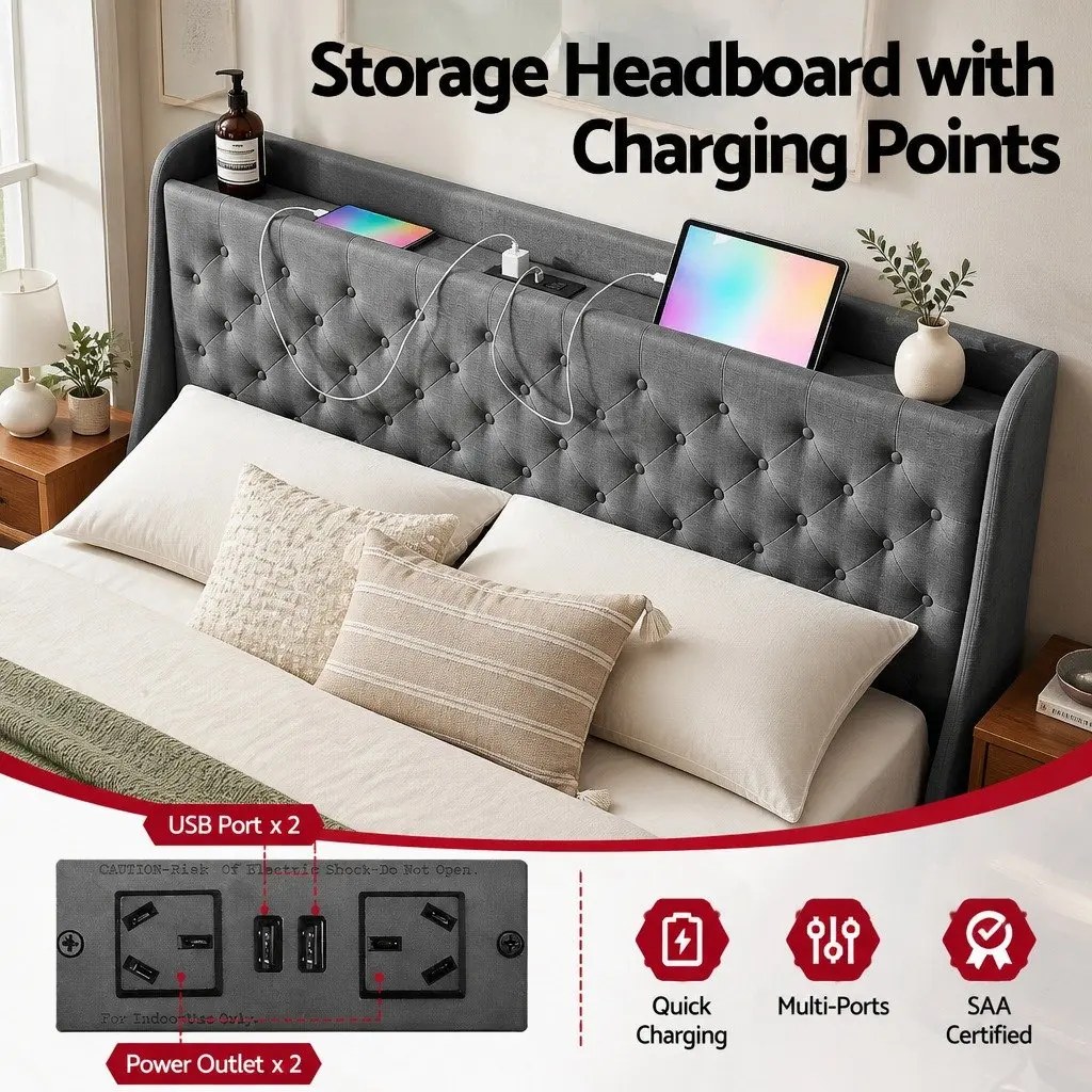 King Bed Frame with Storage and USB Charger