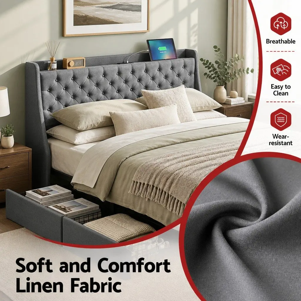 King Bed Frame with Storage and USB Charger