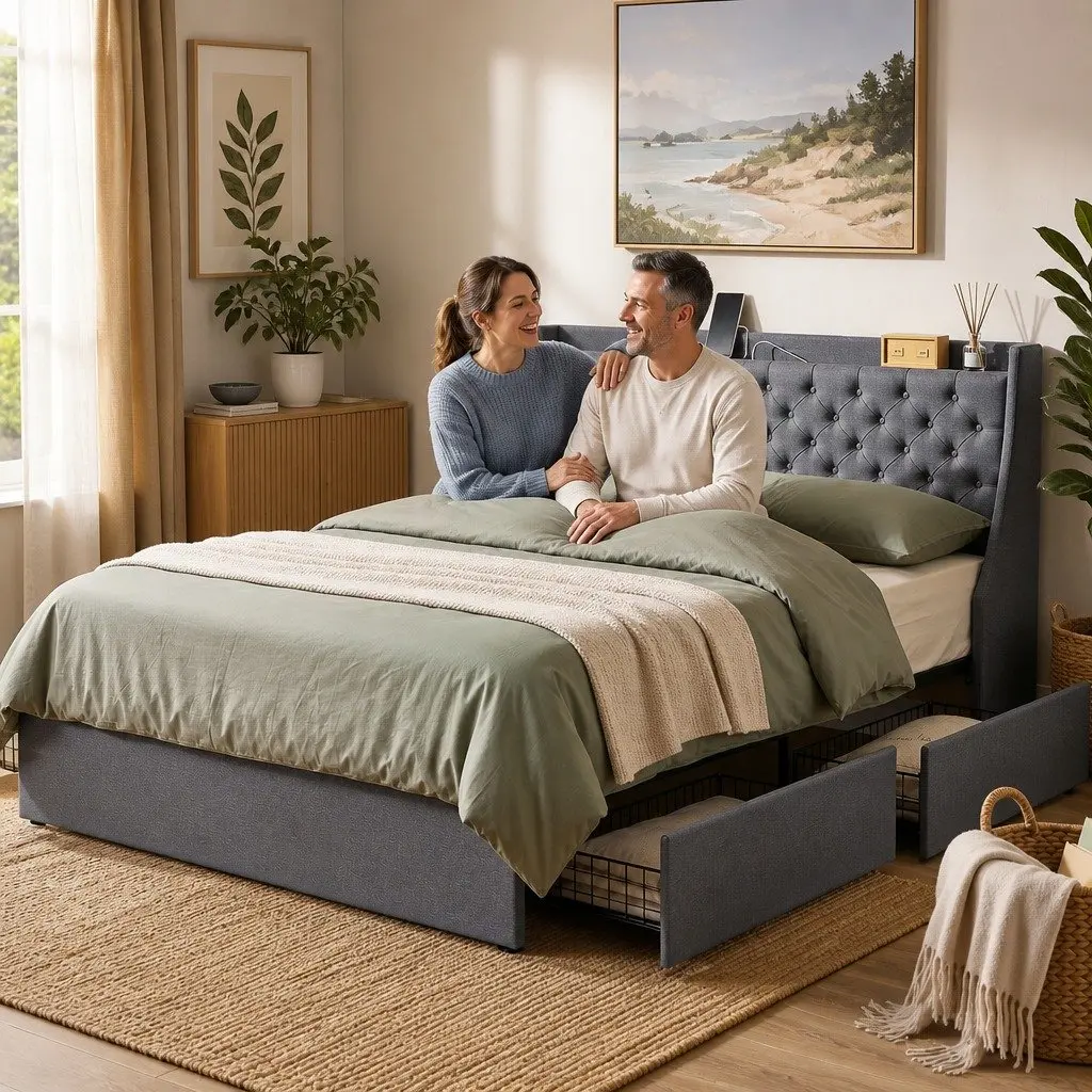 King Bed Frame with Storage and USB Charger