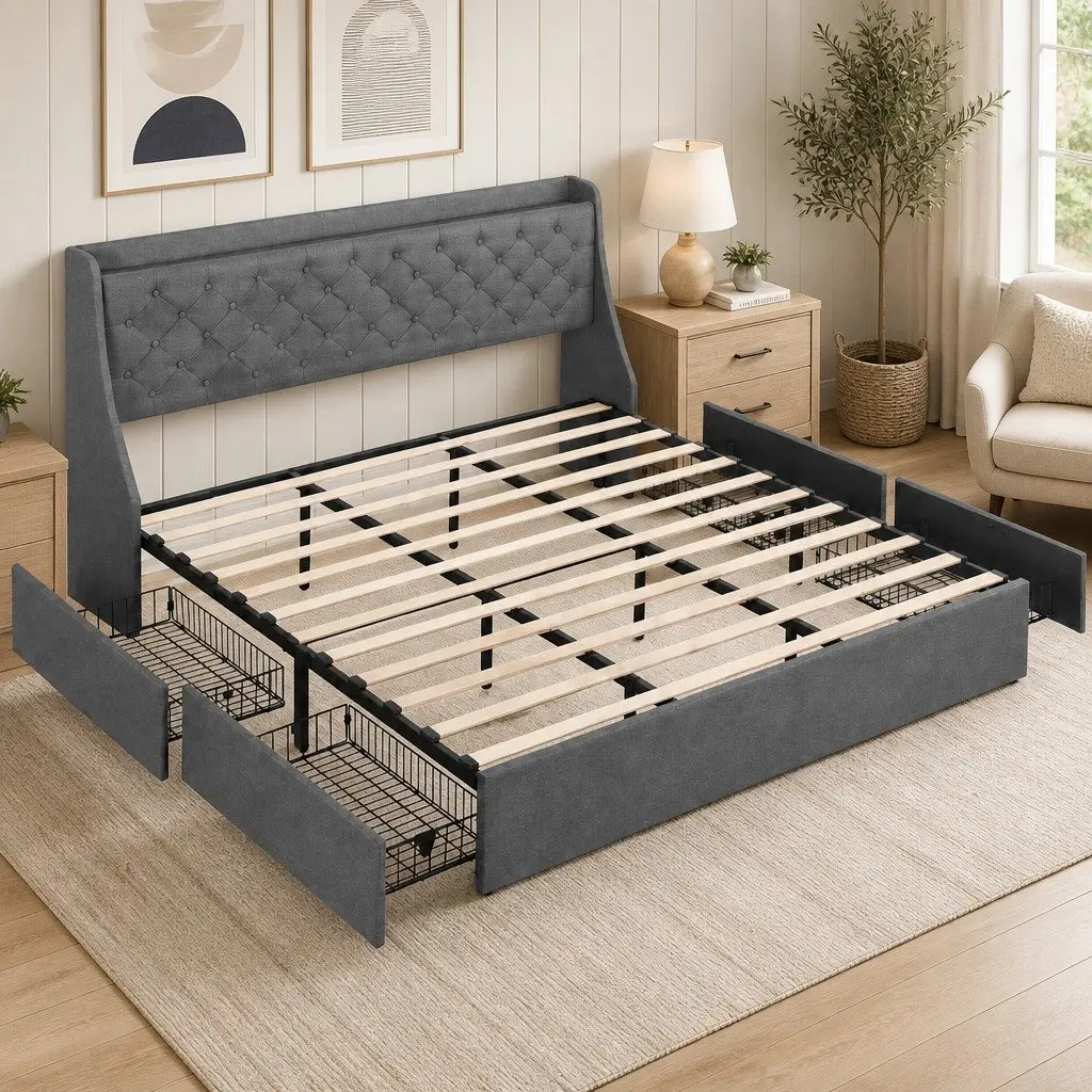 King Bed Frame with Storage and USB Charger